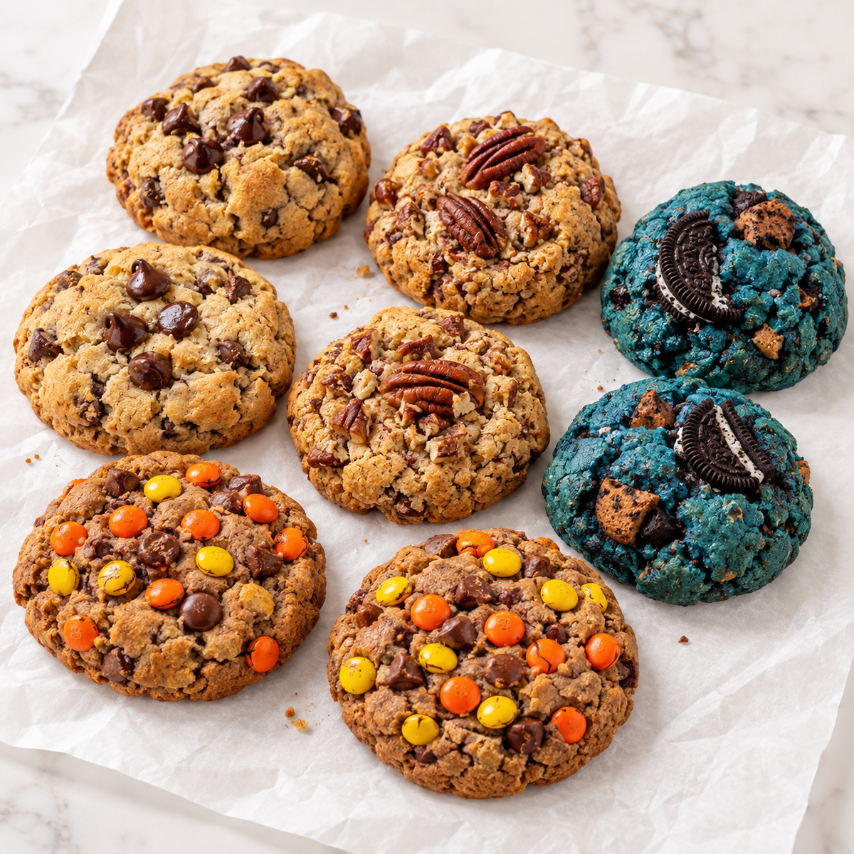 Assortment of Chocolate Chip, Pecan Toffee, Cookies Monster and Reese's cookies