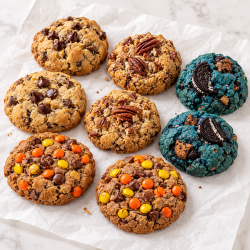 Assortment of Chocolate Chip, Pecan Toffee, Cookies Monster and Reese's cookies