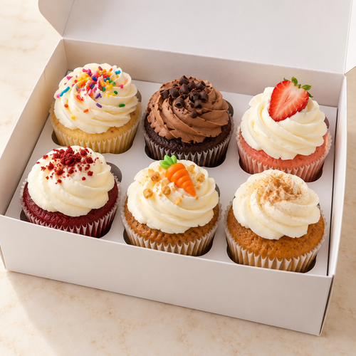 Illustrative box of six mixed cupcakes in the style of Rose Bakery