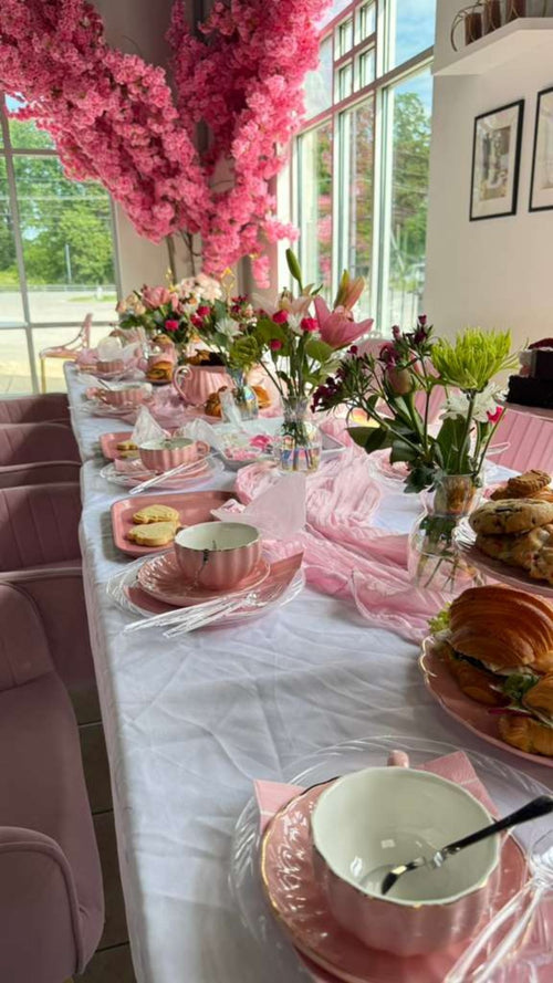 Rose Bakery party experience pink table setting in Louisville Kentucky