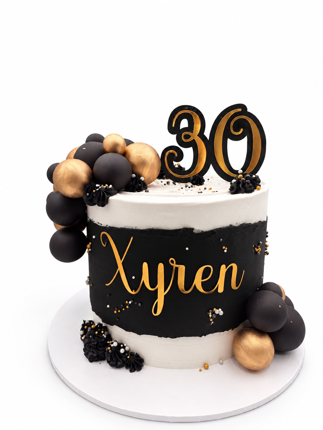 Black and gold thirtieth birthday cake made by Rose Cake Louisville