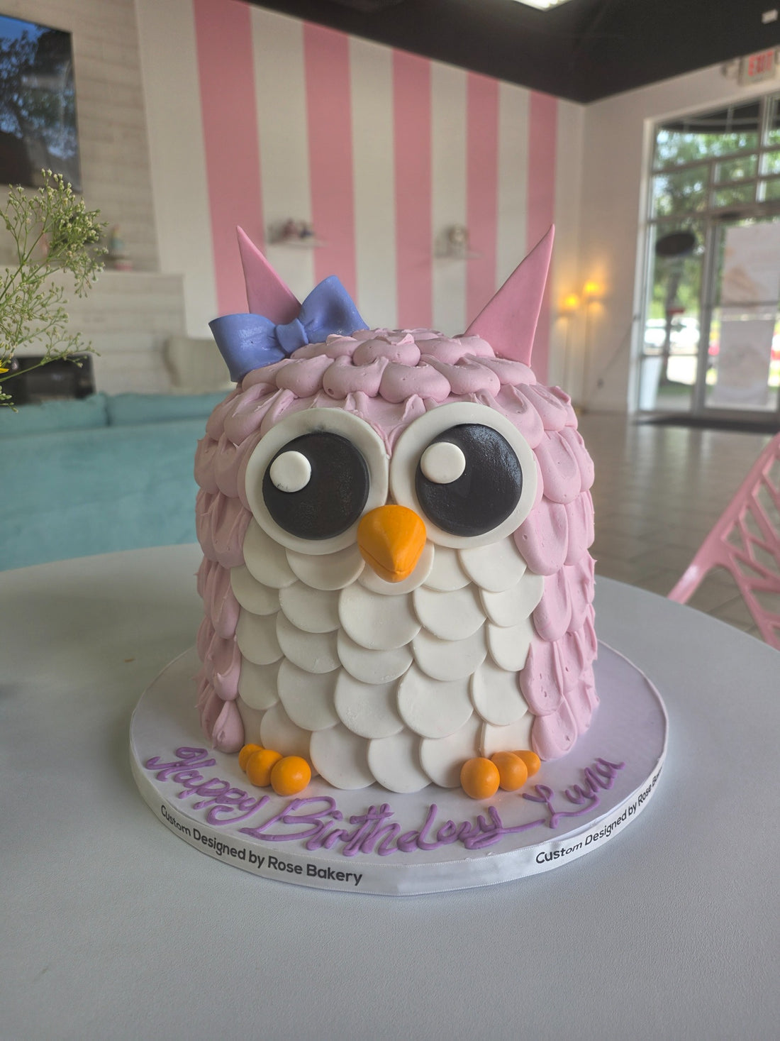 Pink owl birthday cake made by Rose Cake Louisville